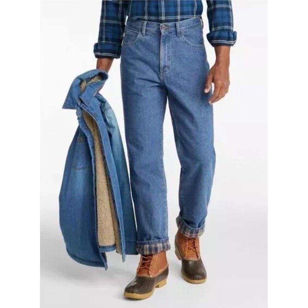 Mens Size 34 34x34 LL Bean Blue Relaxed Fit Flannel-Lined Double L Jeans NEW